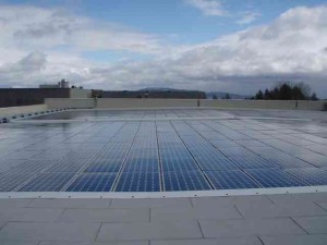 Close view of solar panels on roof of college building