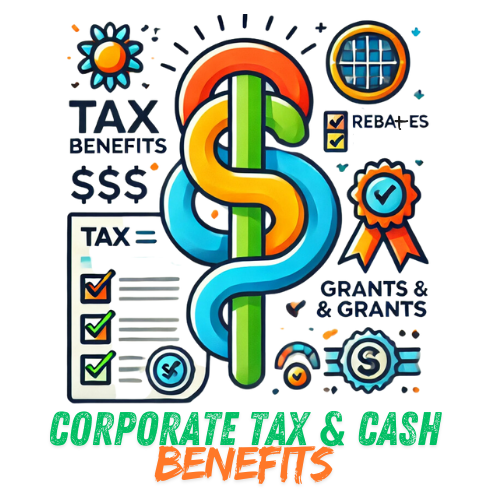 Icon showing dollar symbol, tax benefits, and grant elements, representing corporate tax and cash benefits with solar.