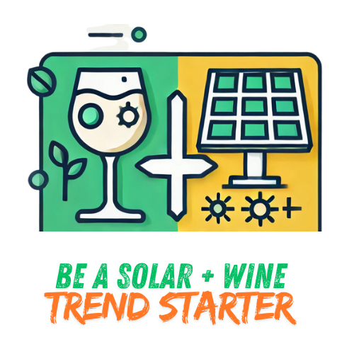 Solar panel and wine glass icon promoting sustainable wine trends with solar energy.