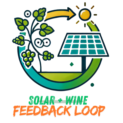 An illustration showing a solar panel and grapevine connected in a circular feedback loop, with an arrow from the grapes to the solar panel and sun, symbolizing the Solar + Wine Feedback Loop